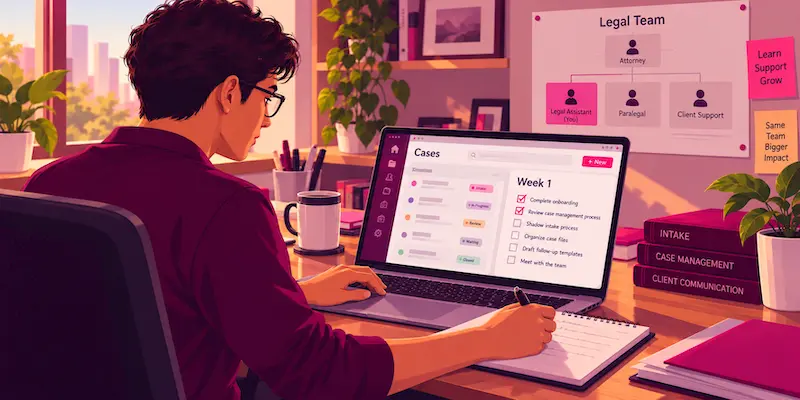 New legal assistant reviewing her first-week checklist at a home office desk.