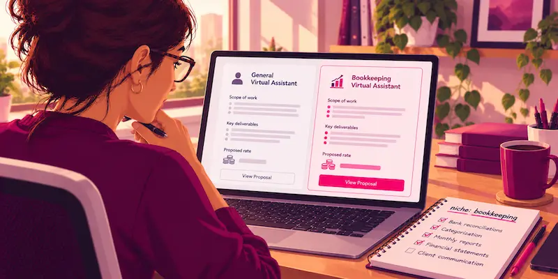 Virtual assistant comparing a generic proposal to a specialized, higher-paying one.