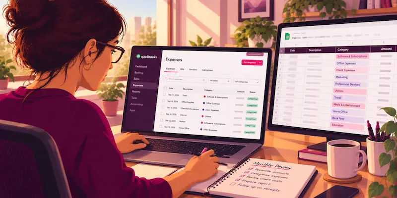 Virtual assistant carefully managing financial records in QuickBooks as a bookkeeping specialist.