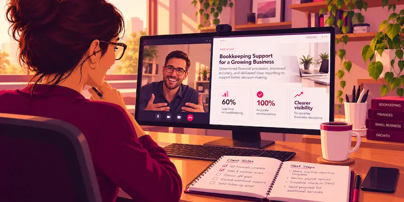 Virtual assistant presenting specialized results to a client during a video call, reflecting the payoff of niching down.
