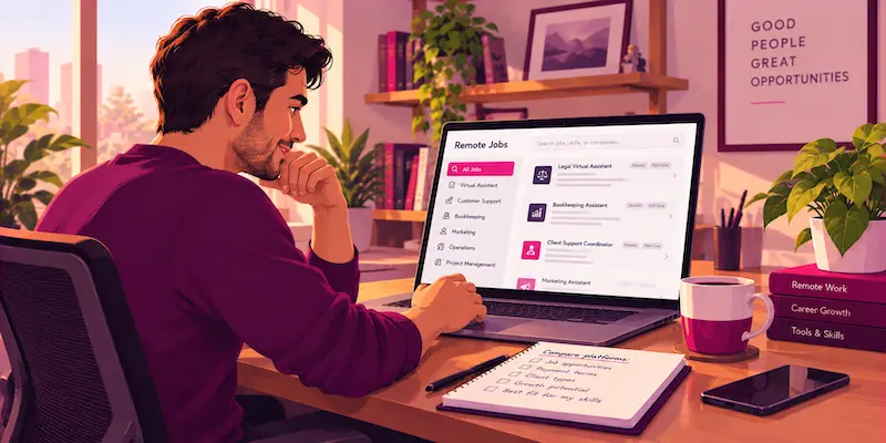 Latin American professional comparing remote job platforms on a laptop at home