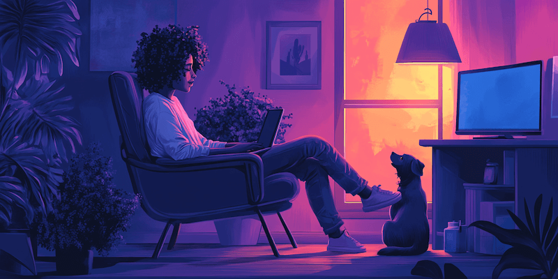 Remote worker with pet taking a break for mental health
