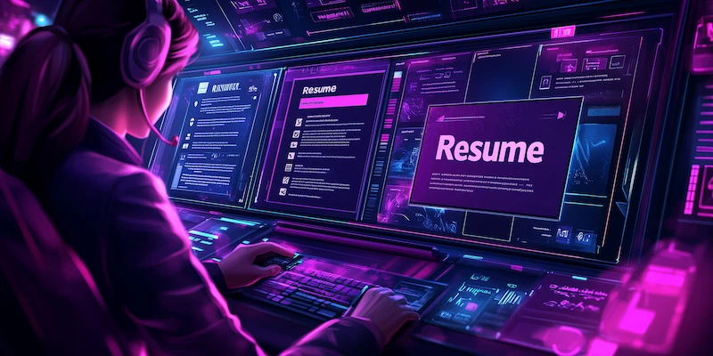 A job seeker interacting with futuristic resume-editing tools, surrounded by icons for LinkedIn, Slack, and keywords, set in a glowing digital workspace.