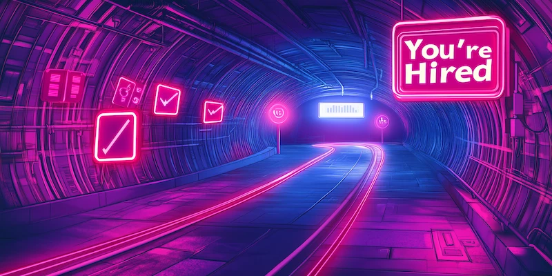 A neon job application journey showing blocked paths by red warning signs and one clear path leading to a glowing “You’re Hired” sign, symbolizing mistakes to avoid.