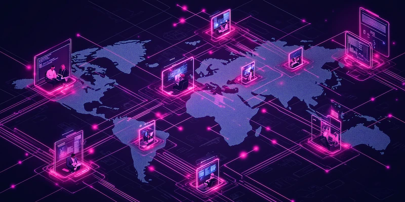 Global professionals working remotely across job roles, connected through neon holographic tech screens and a world map interface.