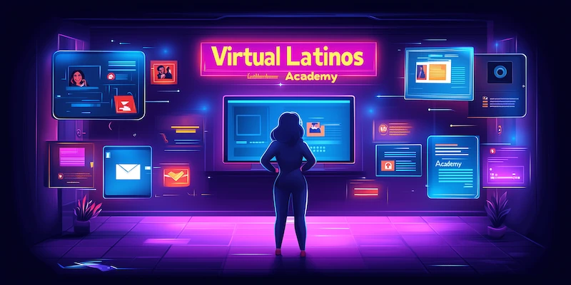 A virtual assistant preparing for a remote job interview surrounded by interactive panels for portfolio, resume tips, and certifications.