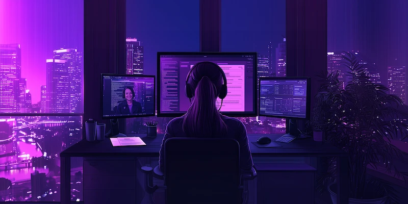 Bilingual legal assistant working remotely with U.S. law firm using digital tools.
