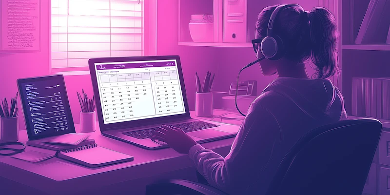 Latin American Virtual Assistant organizing daily tasks in a modern home office using a structured productivity system.