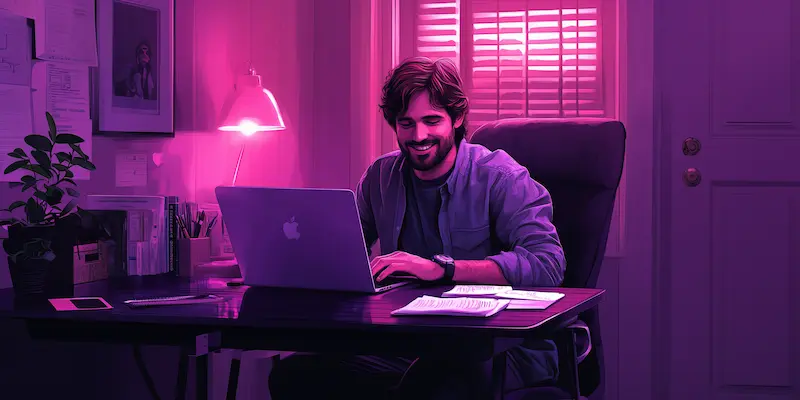 Remote professional ending the workday and stepping away from an organized home-office workspace.