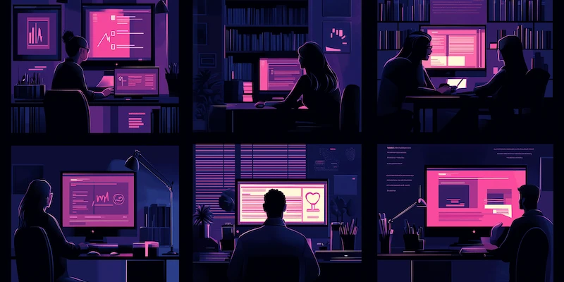 Specialized Virtual Assistants working remotely in legal, healthcare, real estate, and marketing roles, demonstrating industry-specific expertise for U.S. businesses.