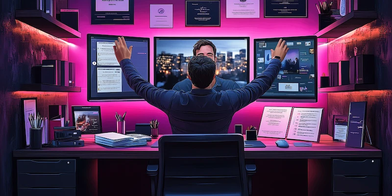 Confident bilingual Virtual Assistant celebrating a successful client meeting from a professional home office after building a specialized remote career with U.S. clients.