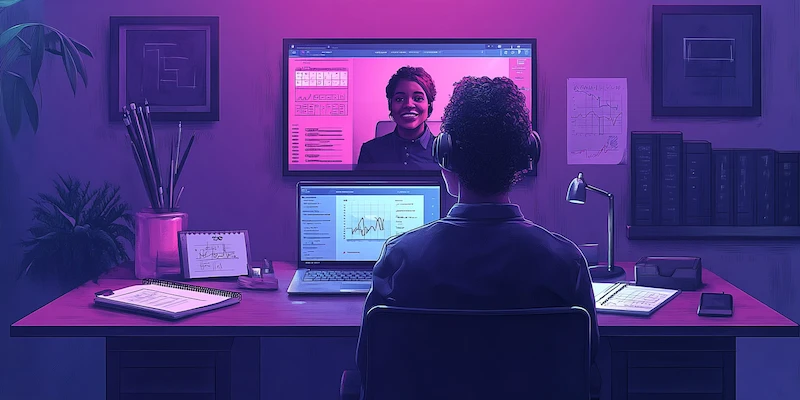 Digital marketing virtual assistant collaborating on strategy via video call while reviewing SEO notes and content plans in a professional workspace.