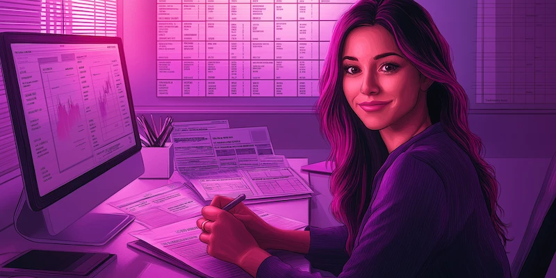 Confident digital marketing virtual assistant reviewing campaign performance reports in a modern workspace, representing career growth and remote success.