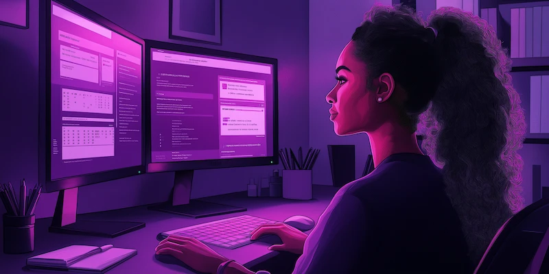LATAM virtual assistant building a specialized remote career from a professional home office.