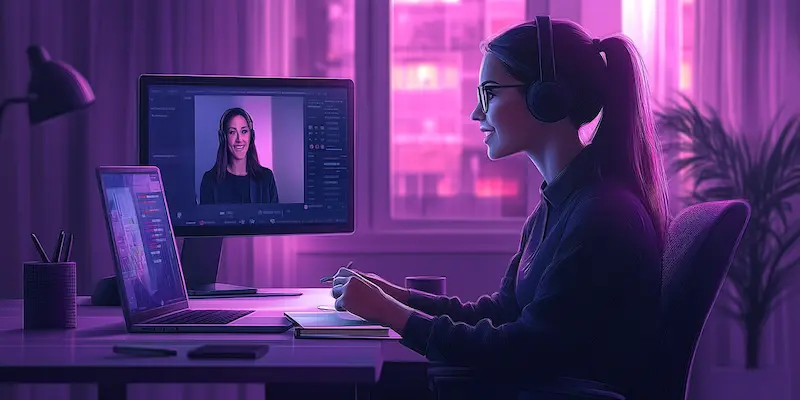 Bilingual virtual assistant confidently leading a video call, taking notes while maintaining eye contact with the webcam.