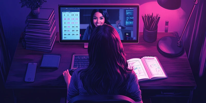 Virtual assistant confidently leading a video call with a U.S. client from a bright home office, taking notes beside a weekly planner and calendar.