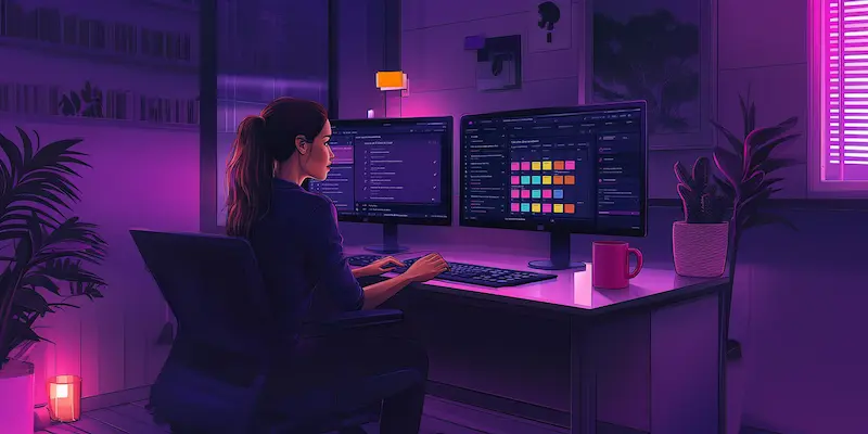 Virtual assistant managing Slack messages and an Asana board across two monitors in her home office.