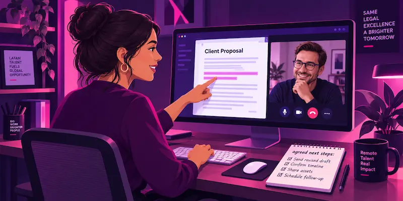 Remote professional walking a client through a shared document to establish clear expectations during a video call.
