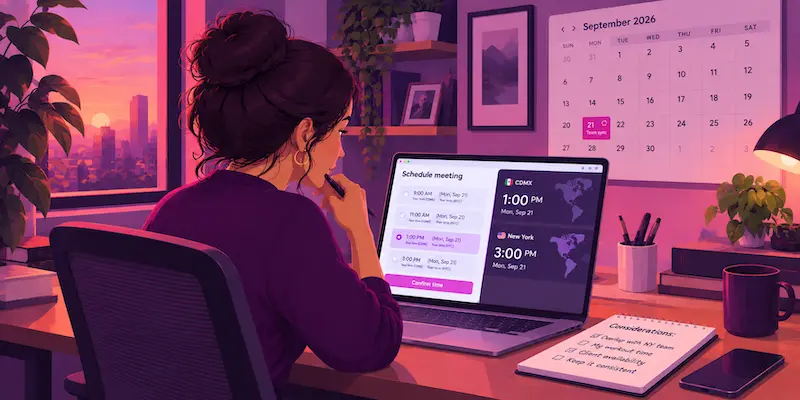 Remote professional carefully scheduling a meeting time that respects a colleague's time zone.