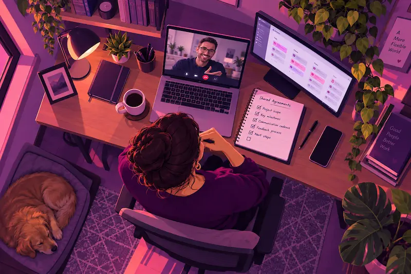 Remote professional sharing a relaxed, trust-based conversation with a long-term cross-border client.
