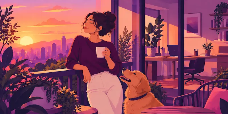 Remote professional enjoying flexible personal time in the late afternoon after a productive remote workday.