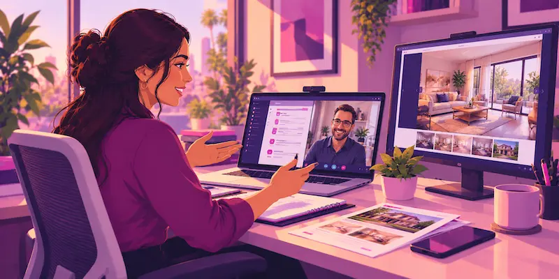 Virtual real estate agent conducting a client video call while managing a property tour on a second monitor.